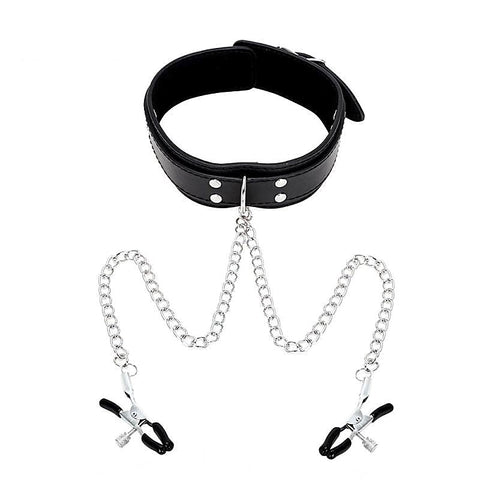 Slave Collar Leather and Nipple Clamps by BDStyle - Collars and Leads