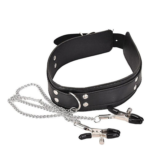 Bondage Collar Black with Nipple Clamps by BDStyle - Collars and Leads