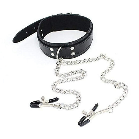 Bondage Collar Black with Nipple Clamps by BDStyle - Collars and Leads