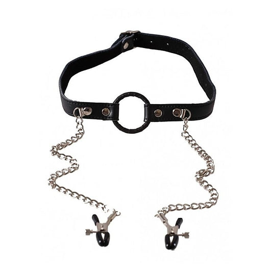 O-Ring Gag with Nipple Clamps Heavy by BDStyle - Bondage Gags and Bits