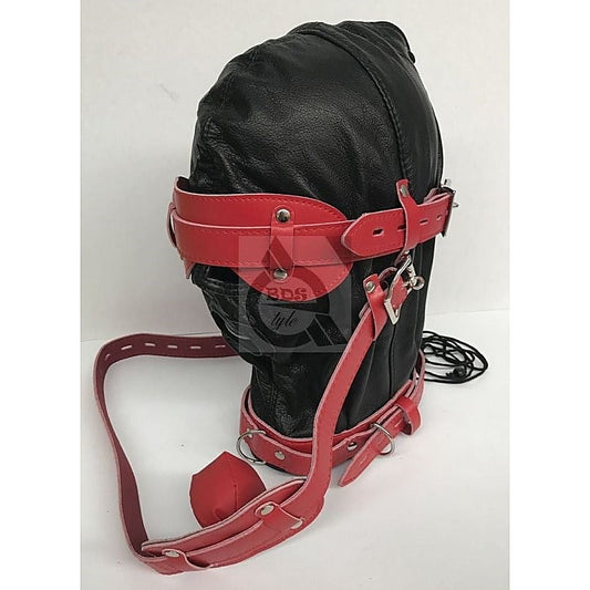 Hell On Fire Black With Red Slave Hood & Blindfold Leather - Bondage Hoods