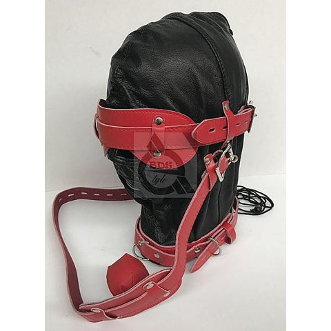 Hell On Fire Black With Red Slave Hood & Blindfold Leather - Bondage Hoods