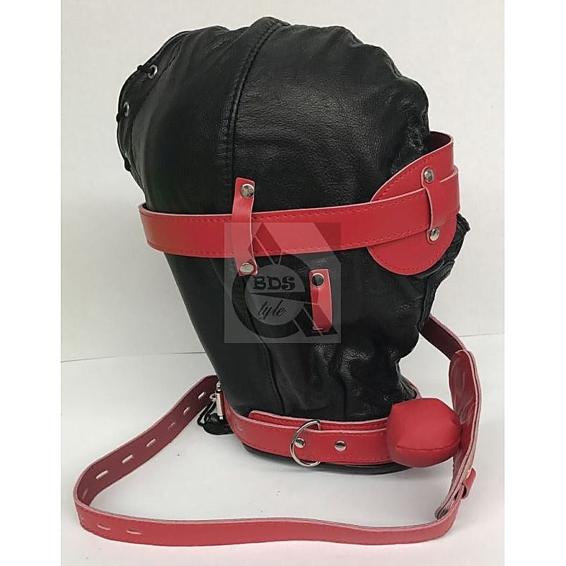 Hell On Fire Black With Red Slave Hood & Blindfold Leather - Bondage Hoods