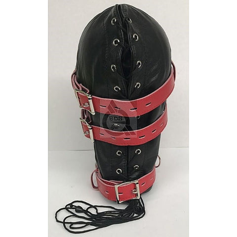 Hell On Fire Black With Red Slave Hood & Blindfold Leather - Bondage Hoods