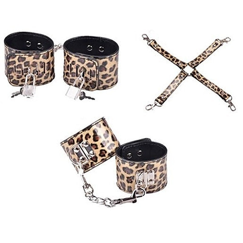 Wild Leopard Wrist and Ankle Cuffs with Hogtie by BDStyle - Cuffs And Restraints