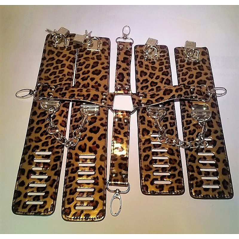 Wild Leopard Wrist and Ankle Cuffs with Hogtie by BDStyle - Cuffs And Restraints