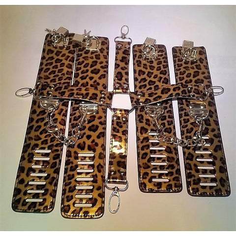 Wild Leopard Wrist and Ankle Cuffs with Hogtie by BDStyle - Cuffs And Restraints