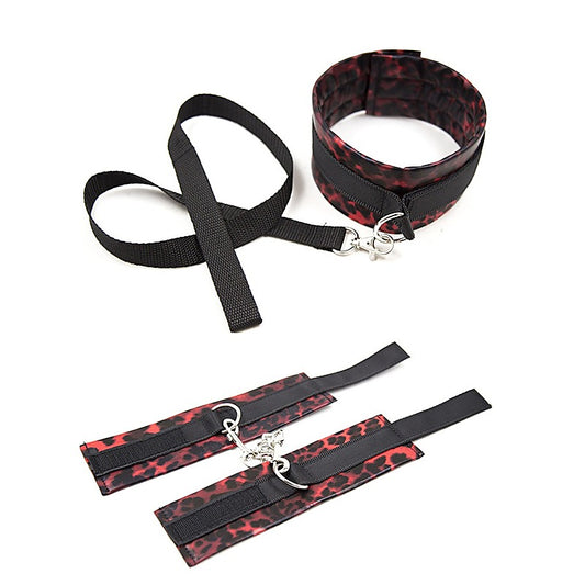 Red Leopard Cuffs and Collar with Leash by BDStyle - Collars and Leads