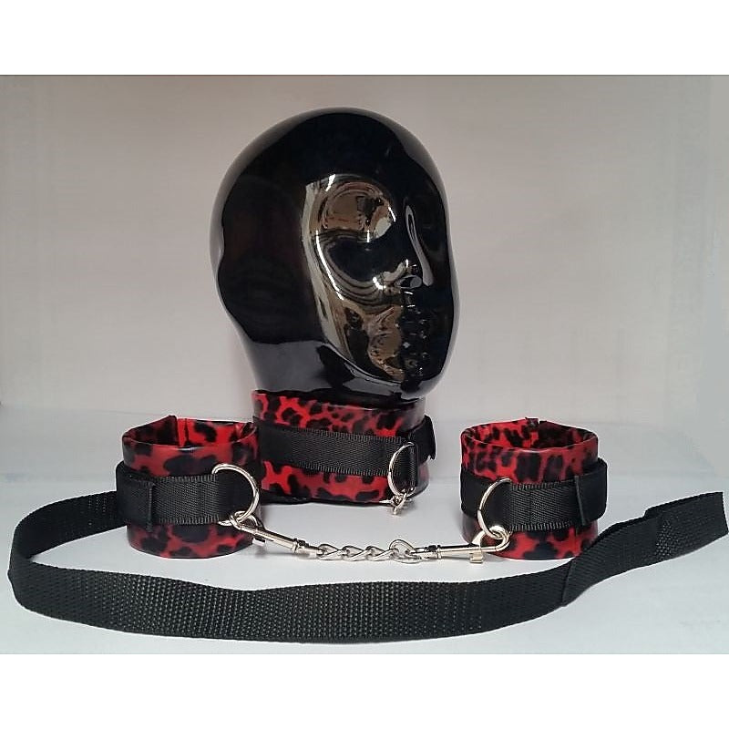 Red Leopard Cuffs and Collar with Leash by BDStyle - Collars and Leads