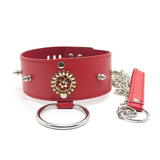 Red Medallion Spiked Collar & Leash by BDStyle - Collars and Leads