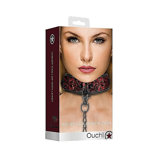 Ouch! Luxury Collar with Leash by Shots Toys - Masks And Blindfolds