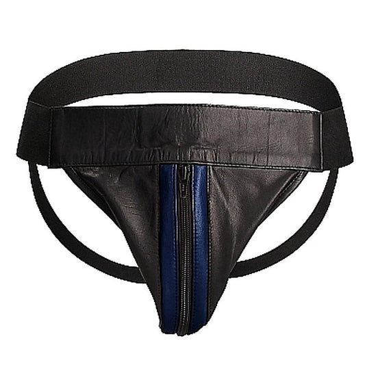 Uomo Striped Front With Zip Leather Jock Black/Blue - His Fetish