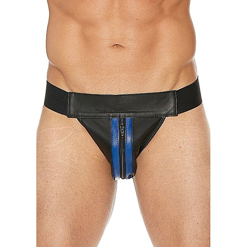 Uomo Striped Front With Zip Leather Jock Black/Blue - His Fetish