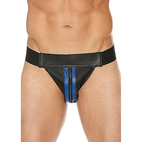 Uomo Striped Front With Zip Leather Jock Black/Blue - His Fetish