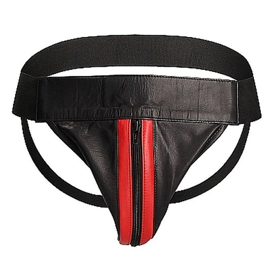 Uomo Striped Front With Zip Leather Jock Black/Red - His Fetish