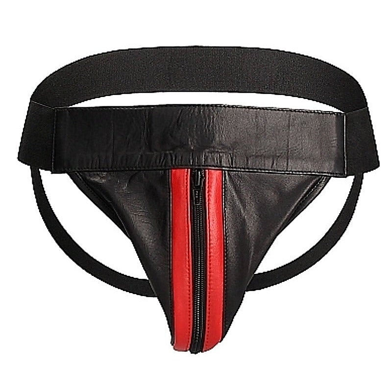 Uomo Striped Front With Zip Leather Jock Black/Red - His Fetish
