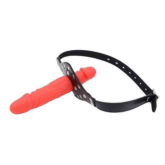 Double-Cock Dildo Penis Mouth Gag - Red/Pink - Bondage Gags and Bits