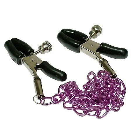 Seven Creations Metal Nipple Chain with Adjustable Clamps and Purple Chain - Nipple and Clit Clamps