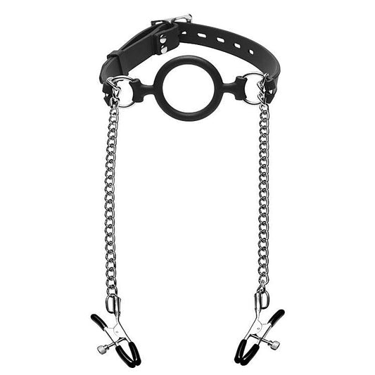 Mutiny Silicone O-Ring Gag With Nipple Clamps by XR Brands - Nipple and Clit Clamps