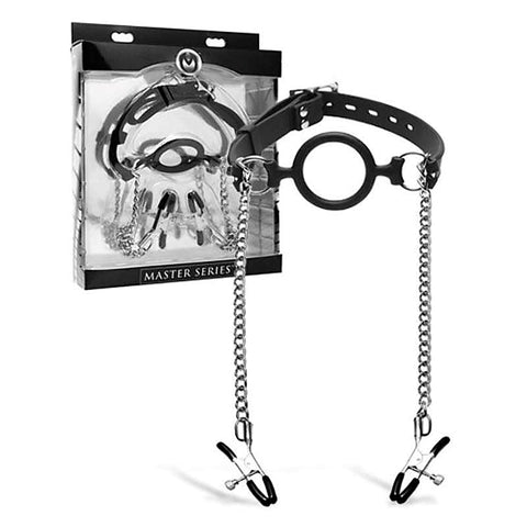 Mutiny Silicone O-Ring Gag With Nipple Clamps by XR Brands - Nipple and Clit Clamps