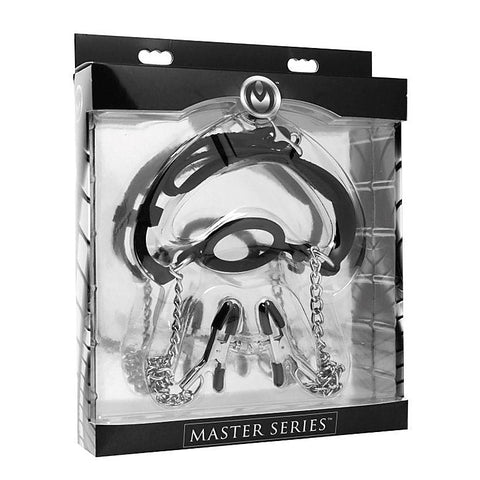 Mutiny Silicone O-Ring Gag With Nipple Clamps by XR Brands - Nipple and Clit Clamps