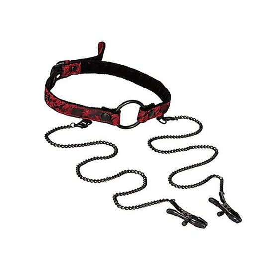 Scandal Open BDSM Mouth Gag with Nipple Clamps - Bondage Gags and Bits