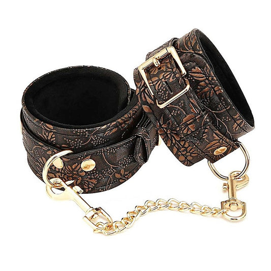 Brown Floral Print PU Wrist Cuffs by Spartacus - Cuffs and Restraints