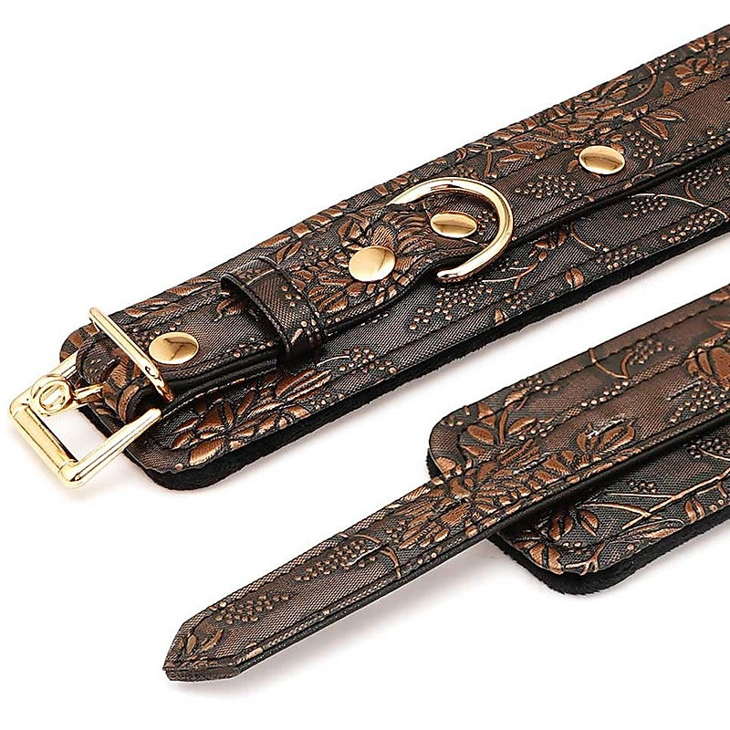 Brown Floral Print PU Wrist Cuffs by Spartacus - Cuffs and Restraints