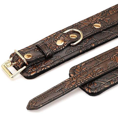 Brown Floral Print PU Wrist Cuffs by Spartacus - Cuffs and Restraints
