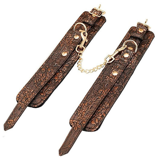 Brown Floral Print PU Ankle Cuffs by Spartacus - Cuffs and Restraints