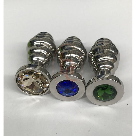 Ribbed Jewelled Medium Butt Plug Champagne - Steel Sex Toys