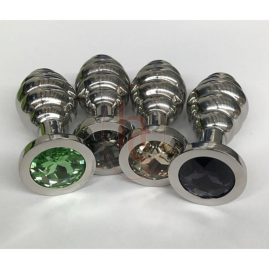 Ribbed Jewelled Butt Plug Large Smoke by Hell's Couture - Steel Sex Toys
