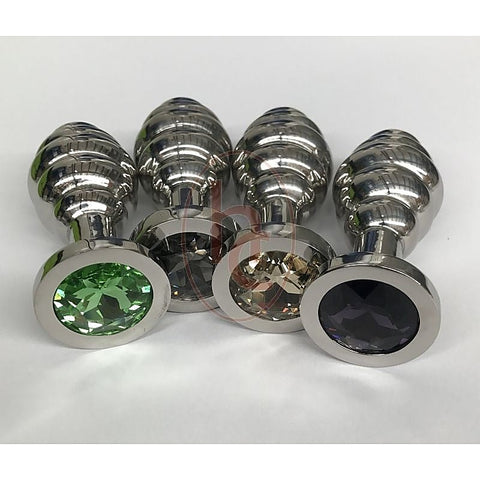 Ribbed Jewelled Butt Plug Large Smoke by Hell's Couture - Steel Sex Toys