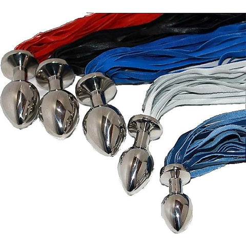 Butt Plug With Leather Whip Large Navy by Hell's Couture - Steel Sex Toys