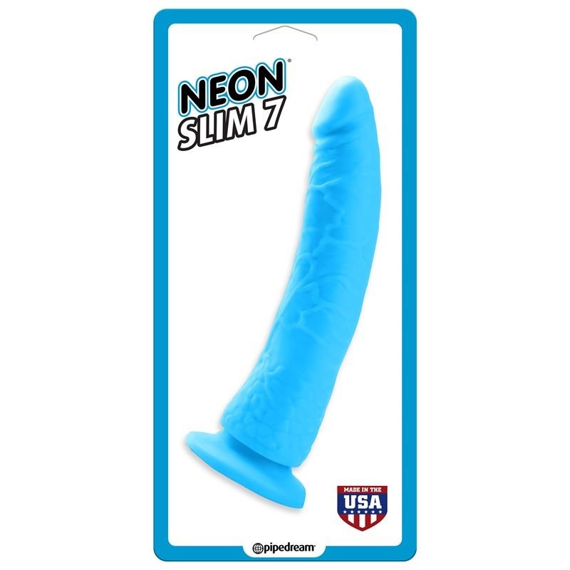 Pipedream Products Neon Slim 7 Blue Vibrating Dildo with Suction Cup - - Non-Realistic Dildos