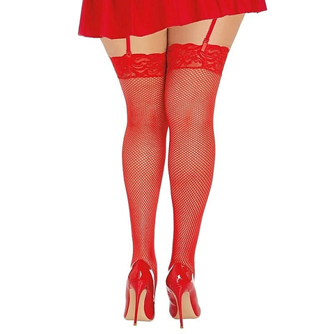 Fishnet Thigh High Stockings With Lace Top Red - Hosiery
