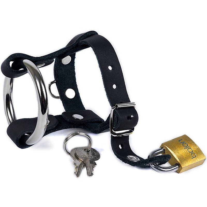 Locking Leather & Steel Chastity Harness - Male Chastity