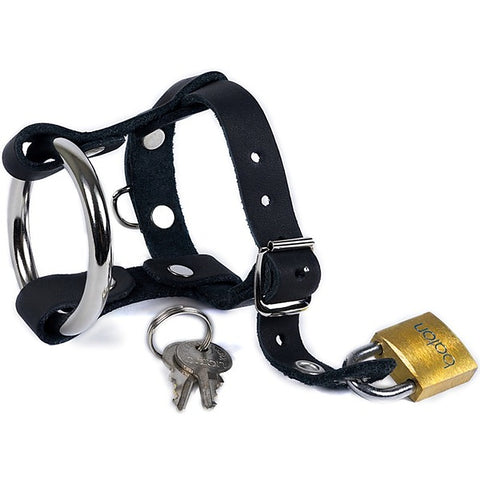 Locking Leather & Steel Chastity Harness - Male Chastity