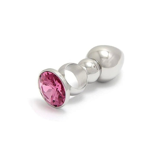 Ringed Stainless Steel Butt Plug with Crystal Gem - Butt Plugs