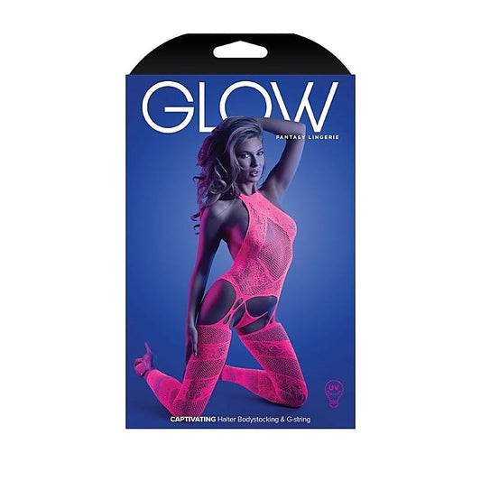 Glow Neon Pink Halter Bodystocking by Fantasy Lingerie - Hosiery