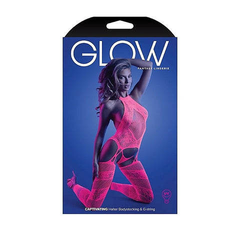 Glow Neon Pink Halter Bodystocking by Fantasy Lingerie - Hosiery