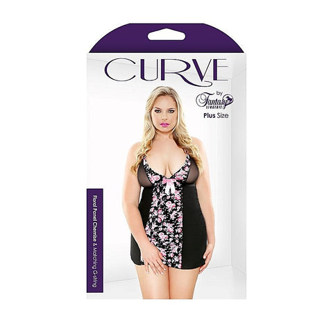 CURVE Floral Panel Chemise & G-String by Fantasy Lingerie - Babydolls and Chemises