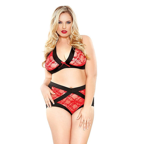 Fantasy Lingerie Curve Two Tone Lace Peek A Boo Cutout Bralette Set - Bras and Bra Sets