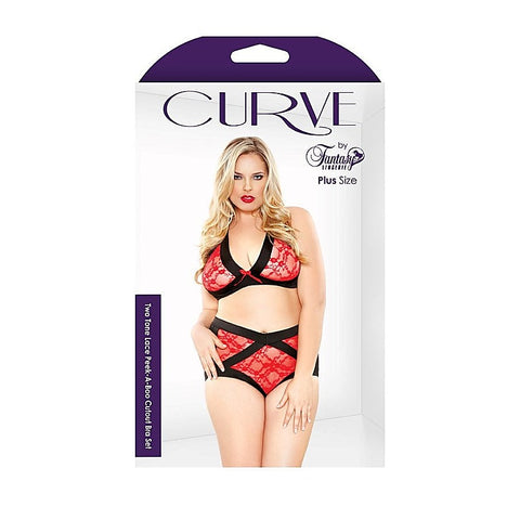 Fantasy Lingerie Curve Two Tone Lace Peek A Boo Cutout Bralette Set - Bras and Bra Sets