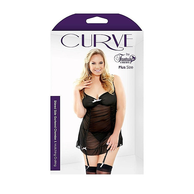 Fantasy Lingerie Curve Shirred Gartered Chemise & G String Seductive Set - Babydolls and Chemises