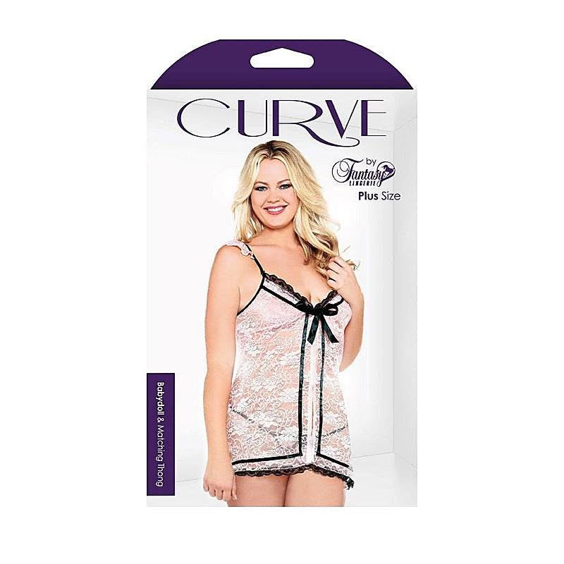 Fantasy Lingerie Curve Ribbon Front Babydoll & G string with Snap Closure - Babydolls and Chemises