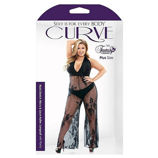 Curve Nicki Stretch Lace Halter Jumpsuit by Fantasy Lingerie - Bras and Bra Sets
