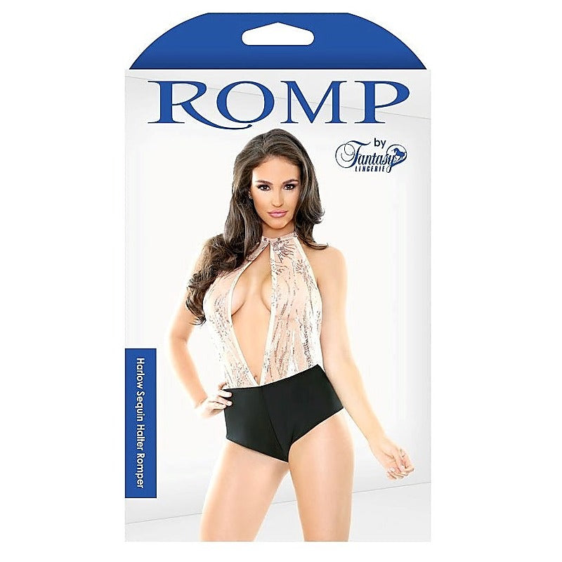 Fantasy Lingerie ROMP Harlow Sequin Halter Romper Nude Sequin Mesh - Fancy Dress Ups