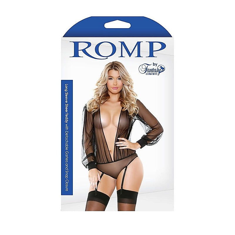 Fantasy Lingerie ROMP Long Sleeve Sheer Teddy Romper & Garter Seductive Sheer - Babydolls and Chemises