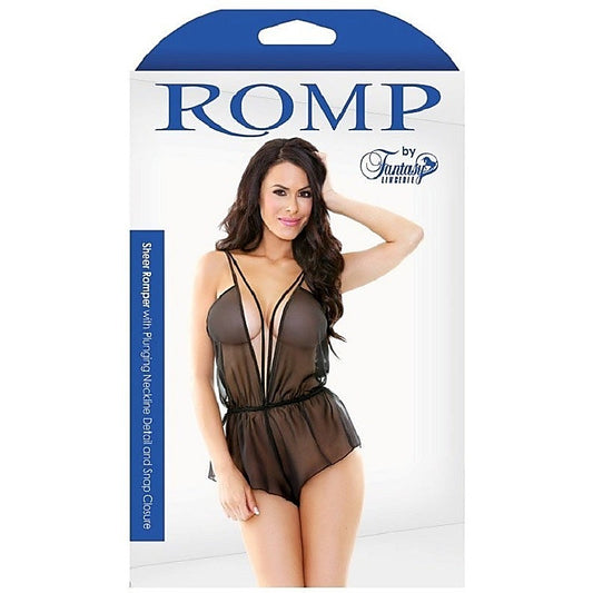 Sheer Romper with Plunging Neckline Detail and Snap Closure - Babydolls and Chemises